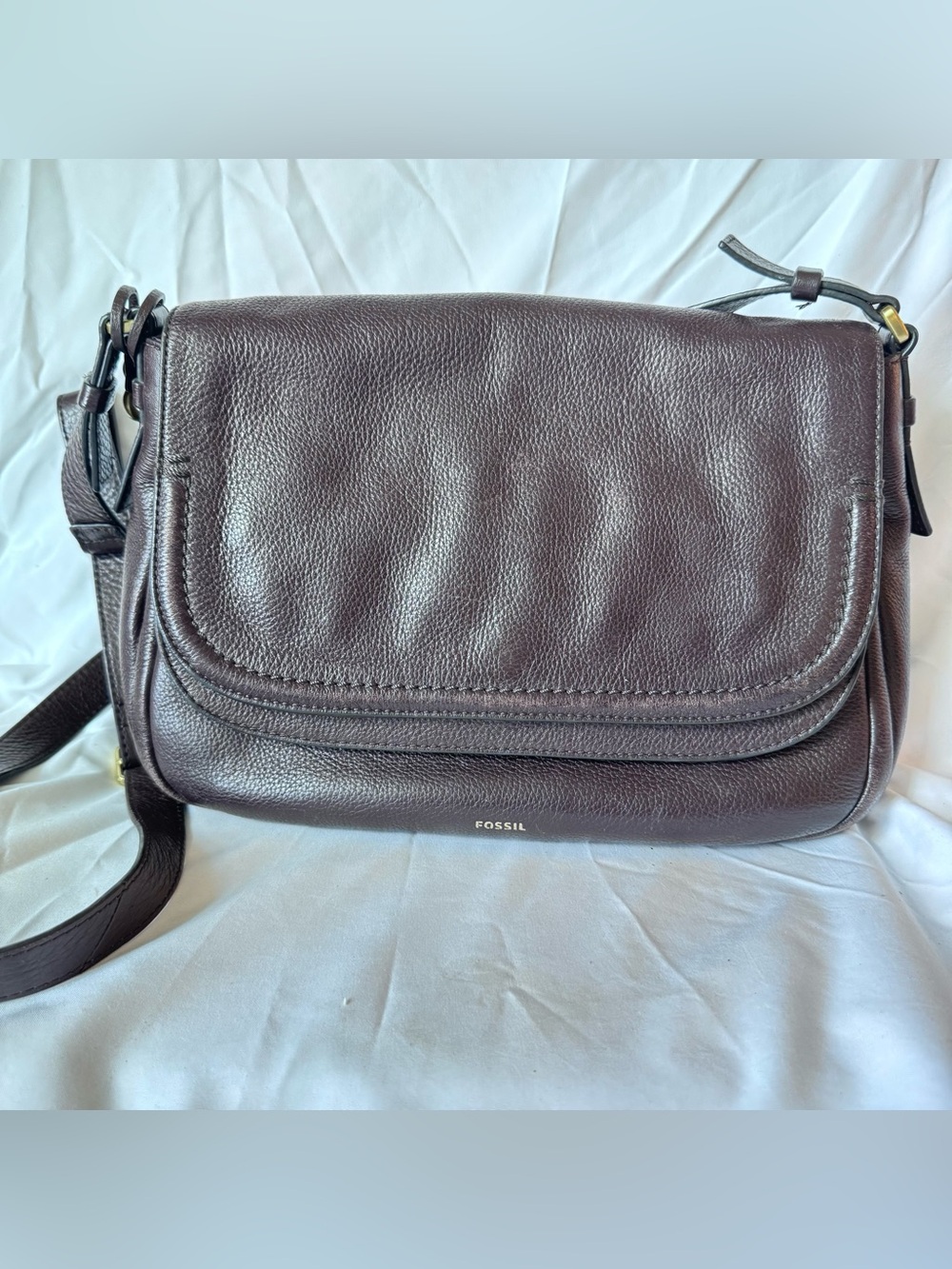 Fossil Peyton Crossbody Bag Brown Double Flap Adjustable Strap with Key Charm